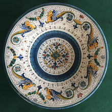 Load image into Gallery viewer, majolica hand painted wall plate Dragon design yellow blue
